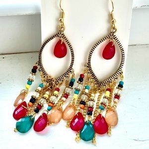 Jubilee Dangle Earrings Chandeliers Gold toned multi color glass w/ wires!